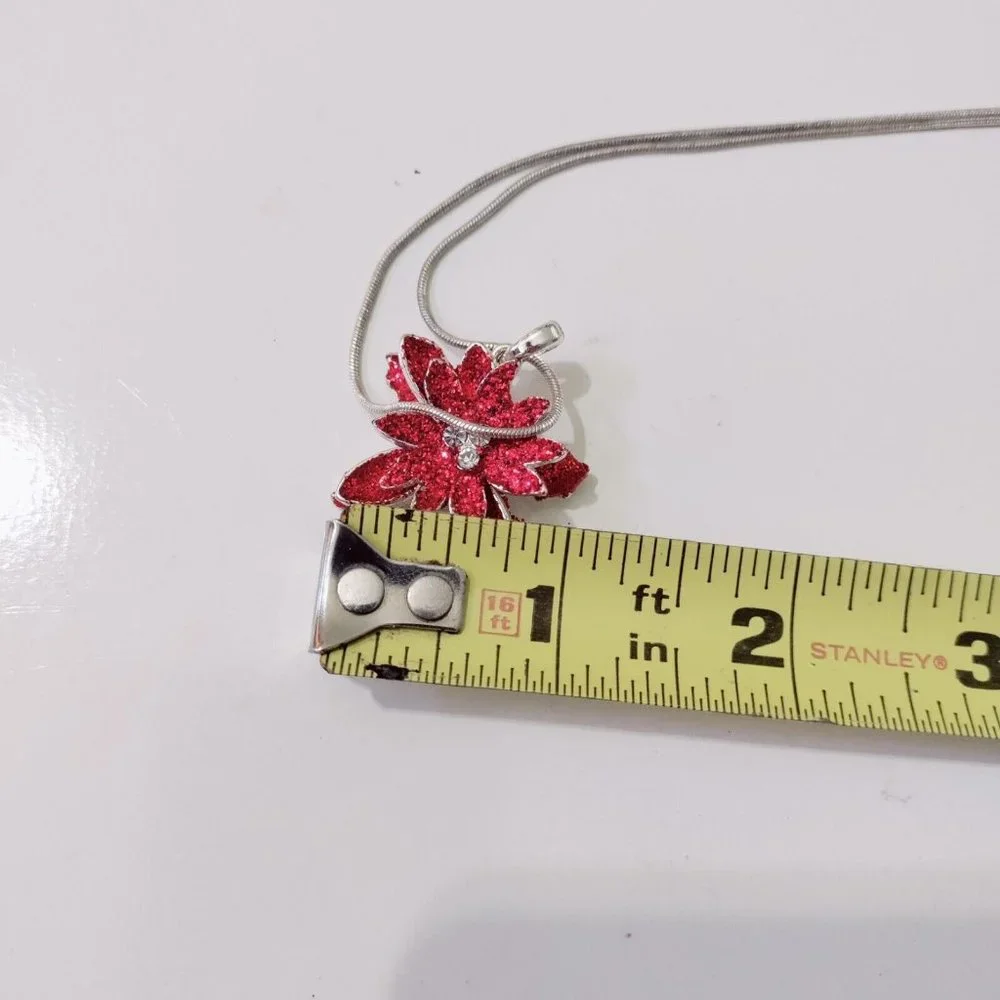 4/$20Red Glitter Poinsettia Pendant Choker Necklace Silver Snake Chain Christmas